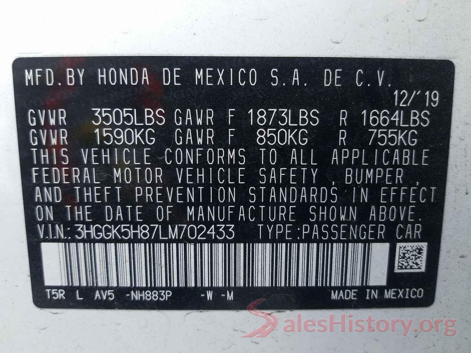 3HGGK5H87LM702433 2020 HONDA FIT