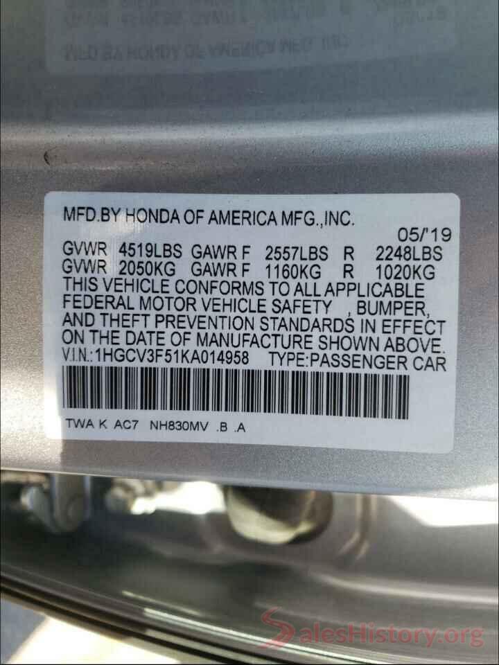 1HGCV3F51KA014958 2019 HONDA ACCORD