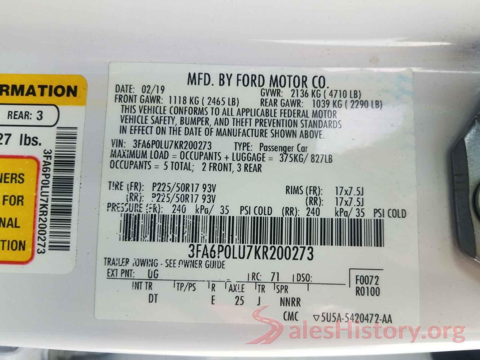 3FA6P0LU7KR200273 2019 FORD FUSION