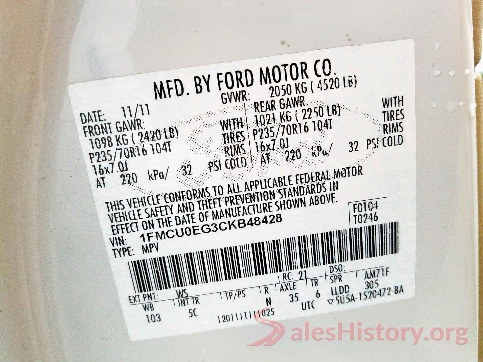 4JGFD6BB1MA351849 2012 FORD ESCAPE