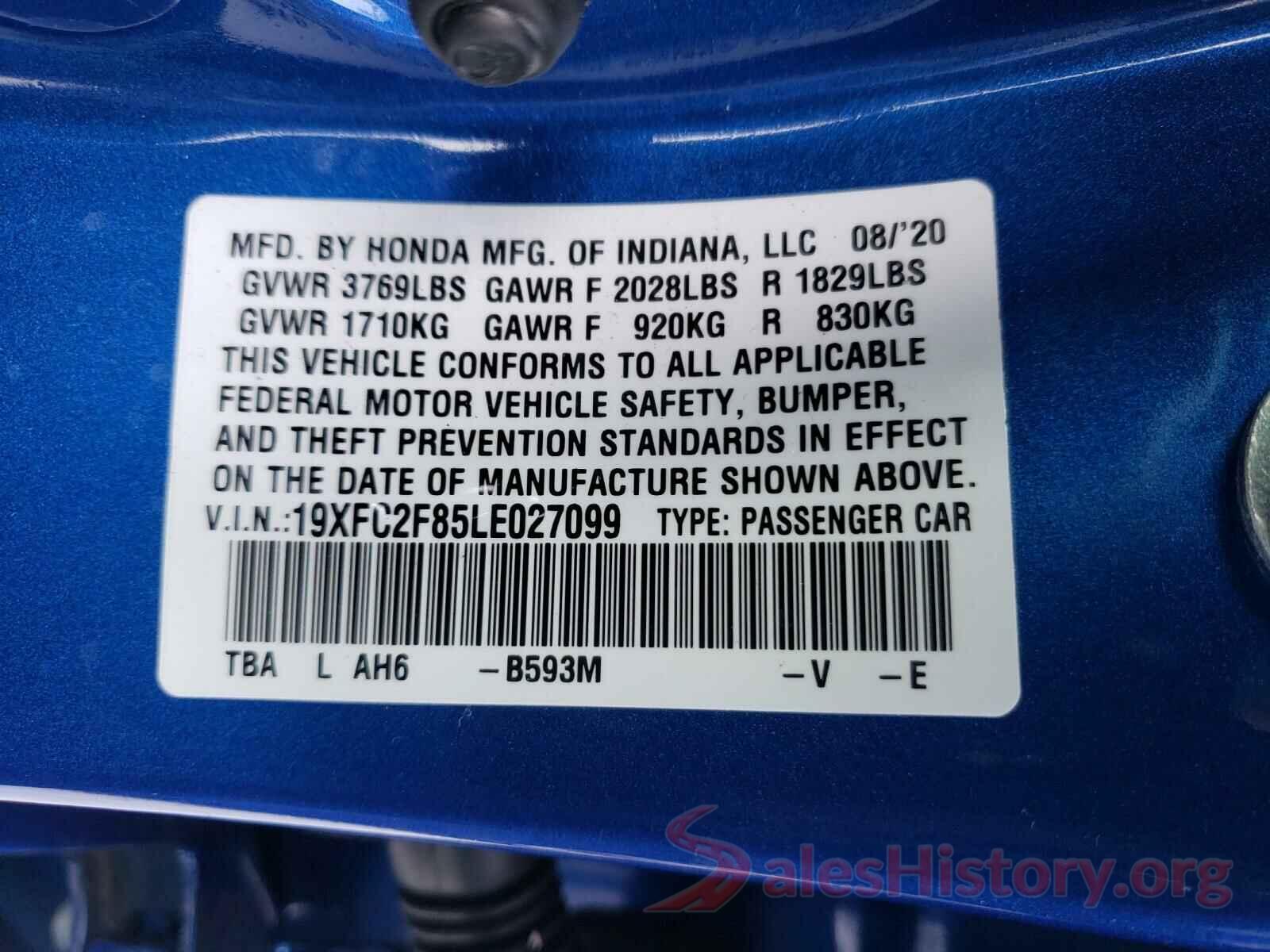 19XFC2F85LE027099 2020 HONDA CIVIC