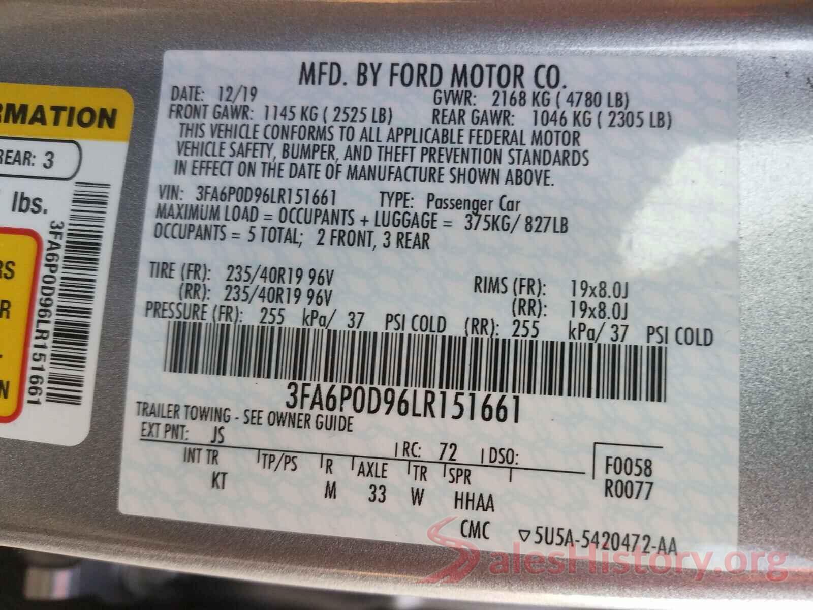 3FA6P0D96LR151661 2020 FORD FUSION