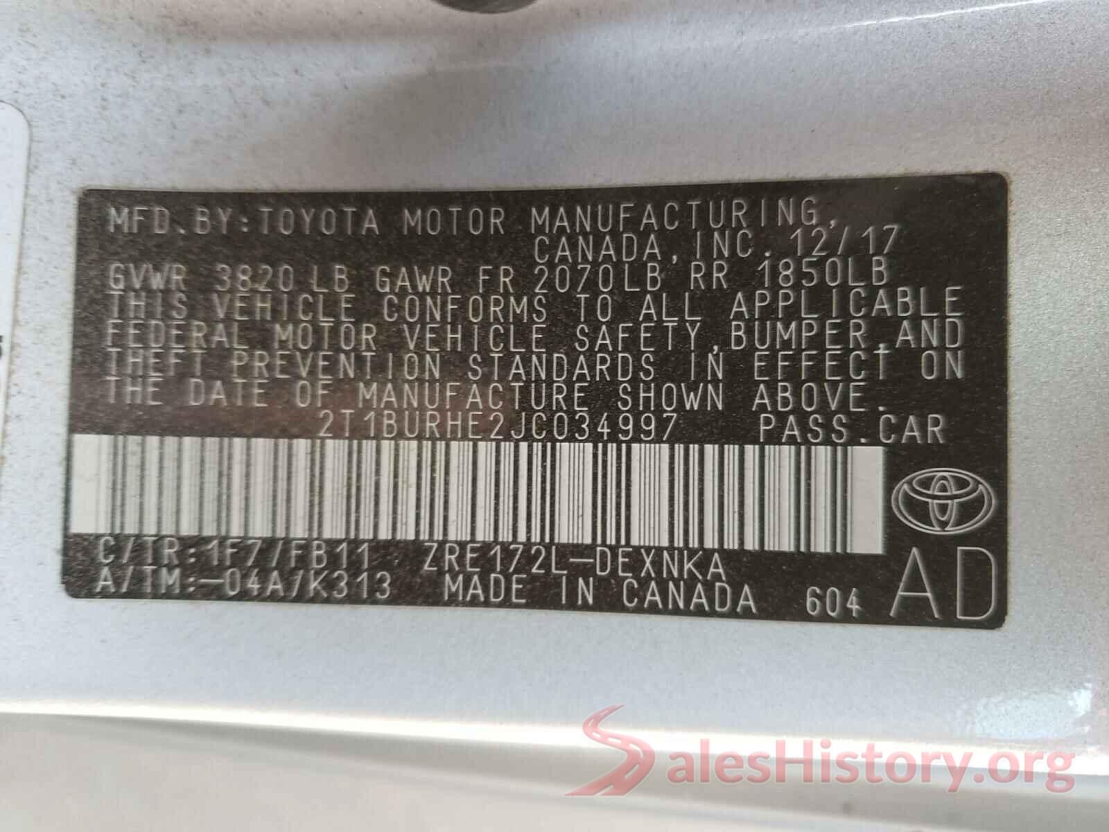 2T1BURHE2JC034997 2018 TOYOTA COROLLA