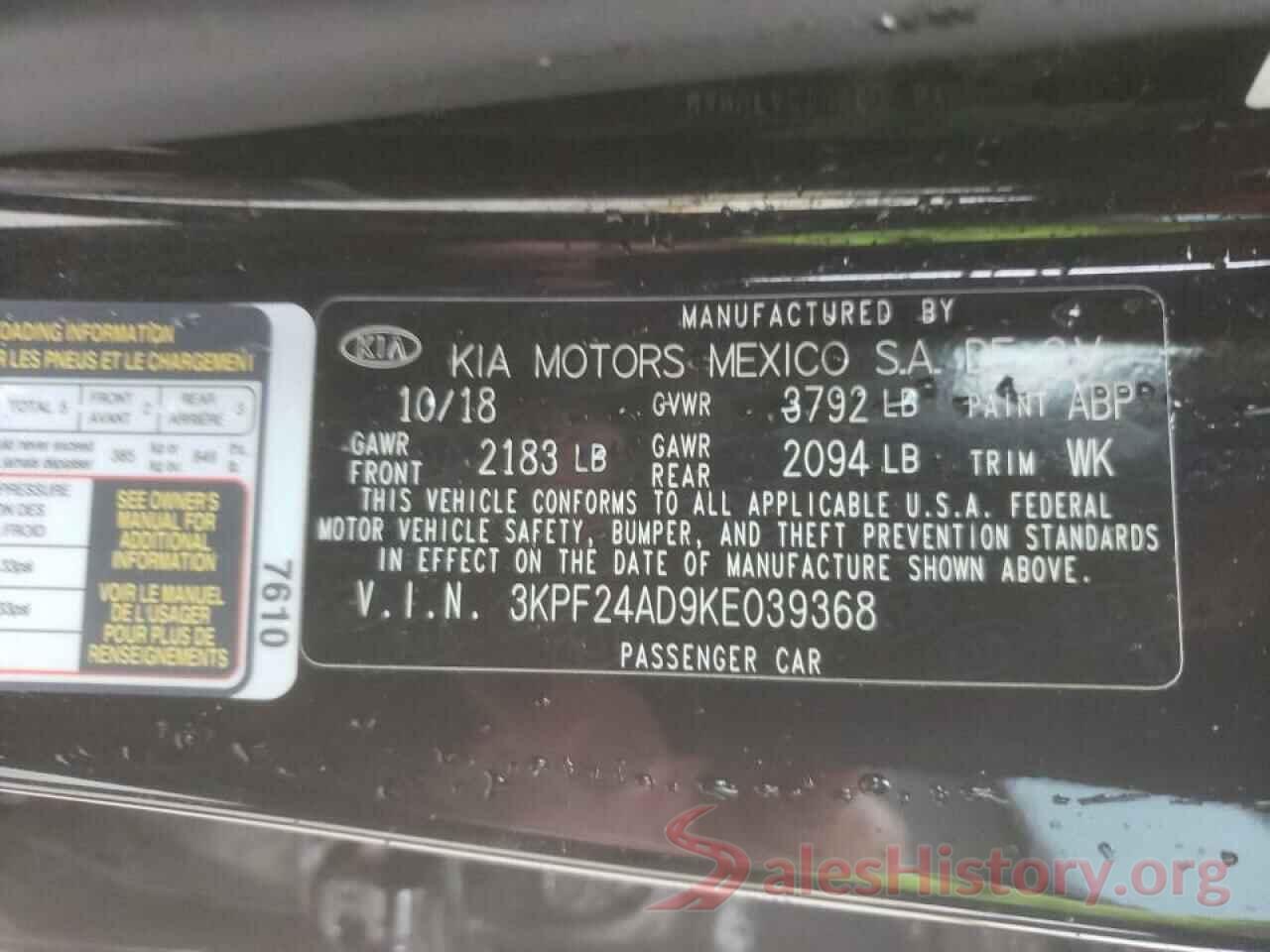 3KPF24AD9KE039368 2019 KIA FORTE