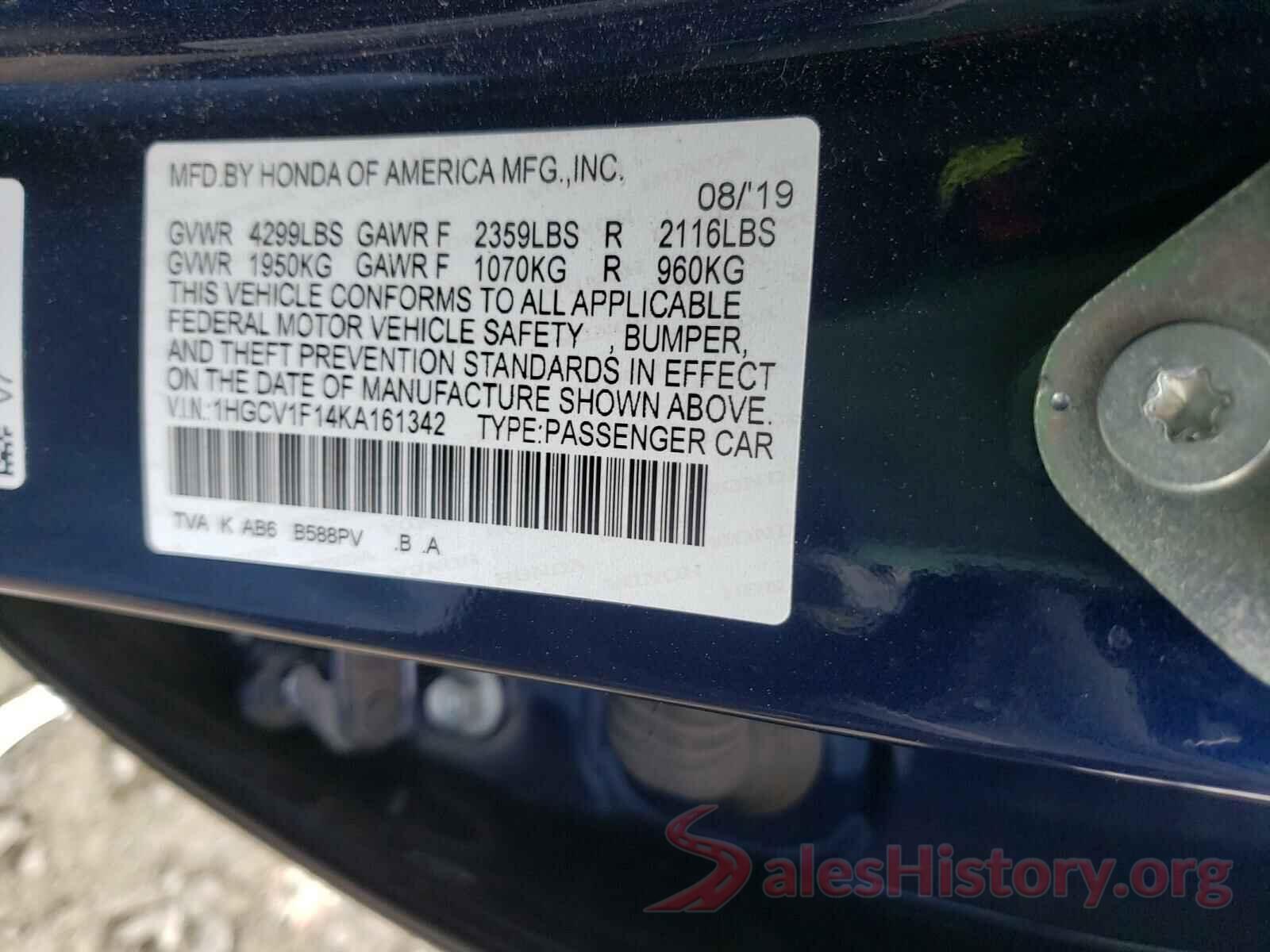 1HGCV1F14KA161342 2019 HONDA ACCORD