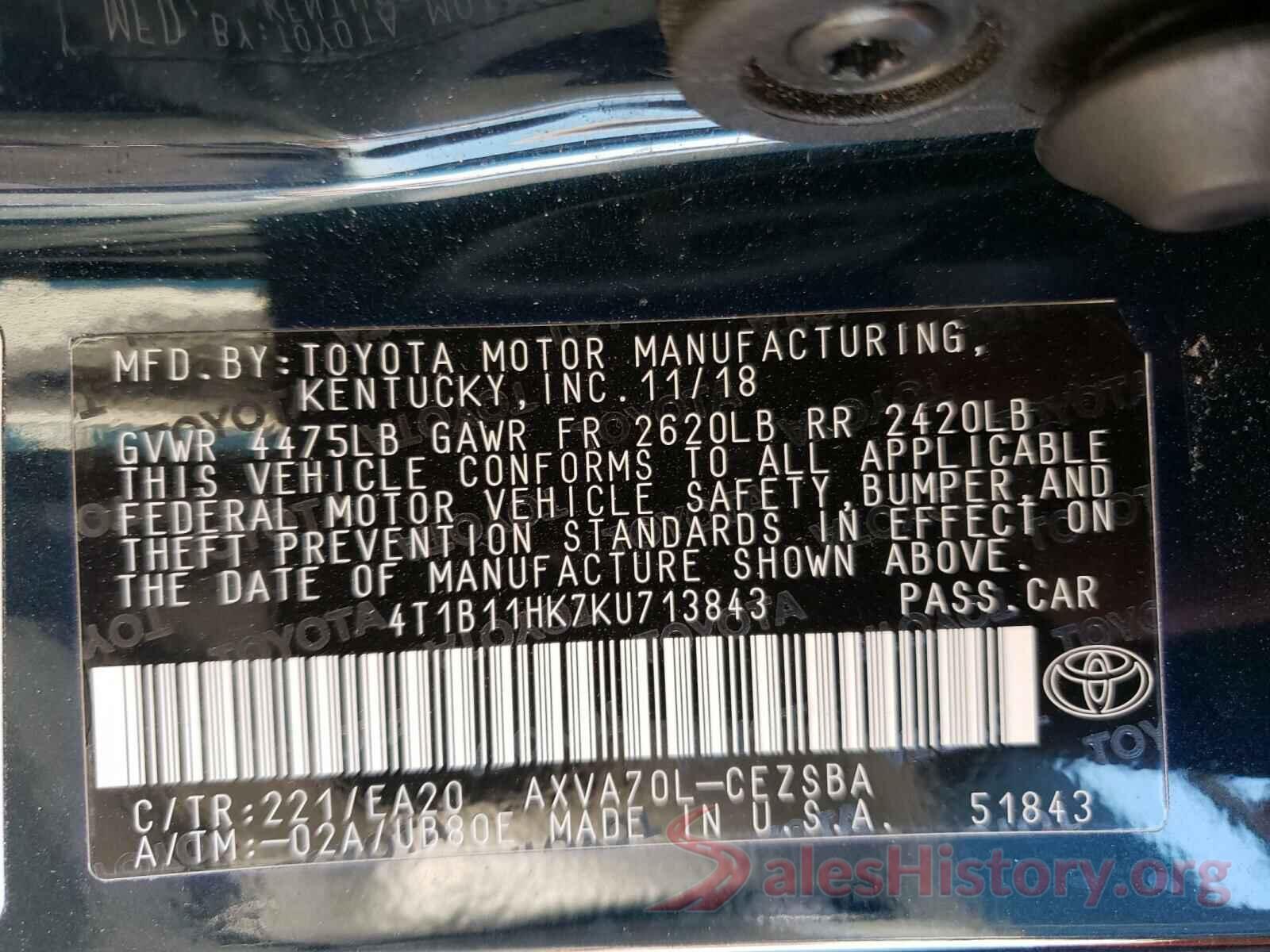 4T1B11HK7KU713843 2019 TOYOTA CAMRY