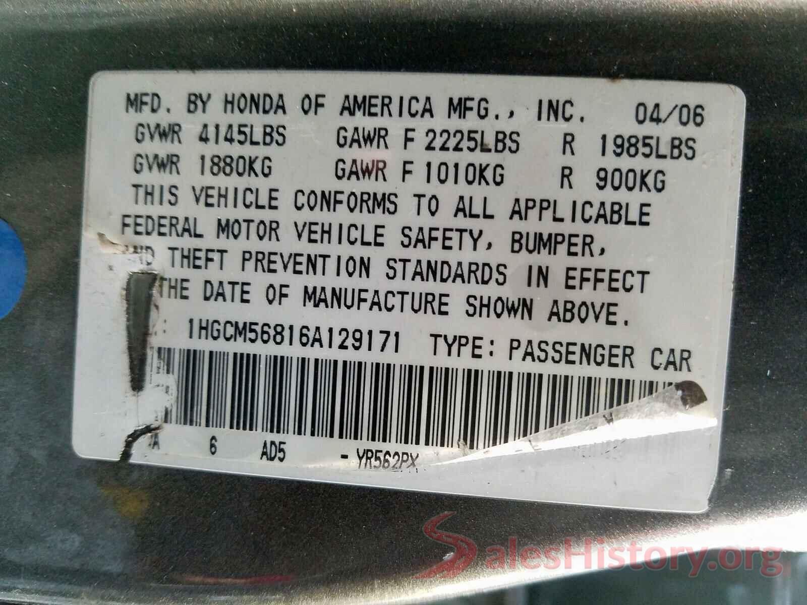 5J6RW2H5XML012219 2006 HONDA ACCORD