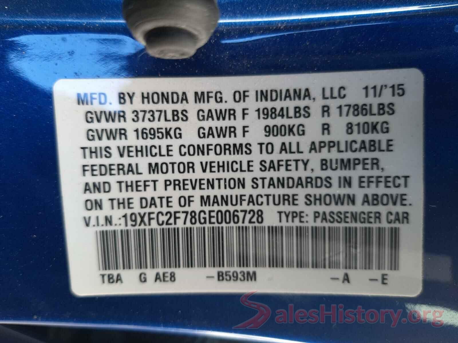 19XFC2F78GE006728 2016 HONDA CIVIC