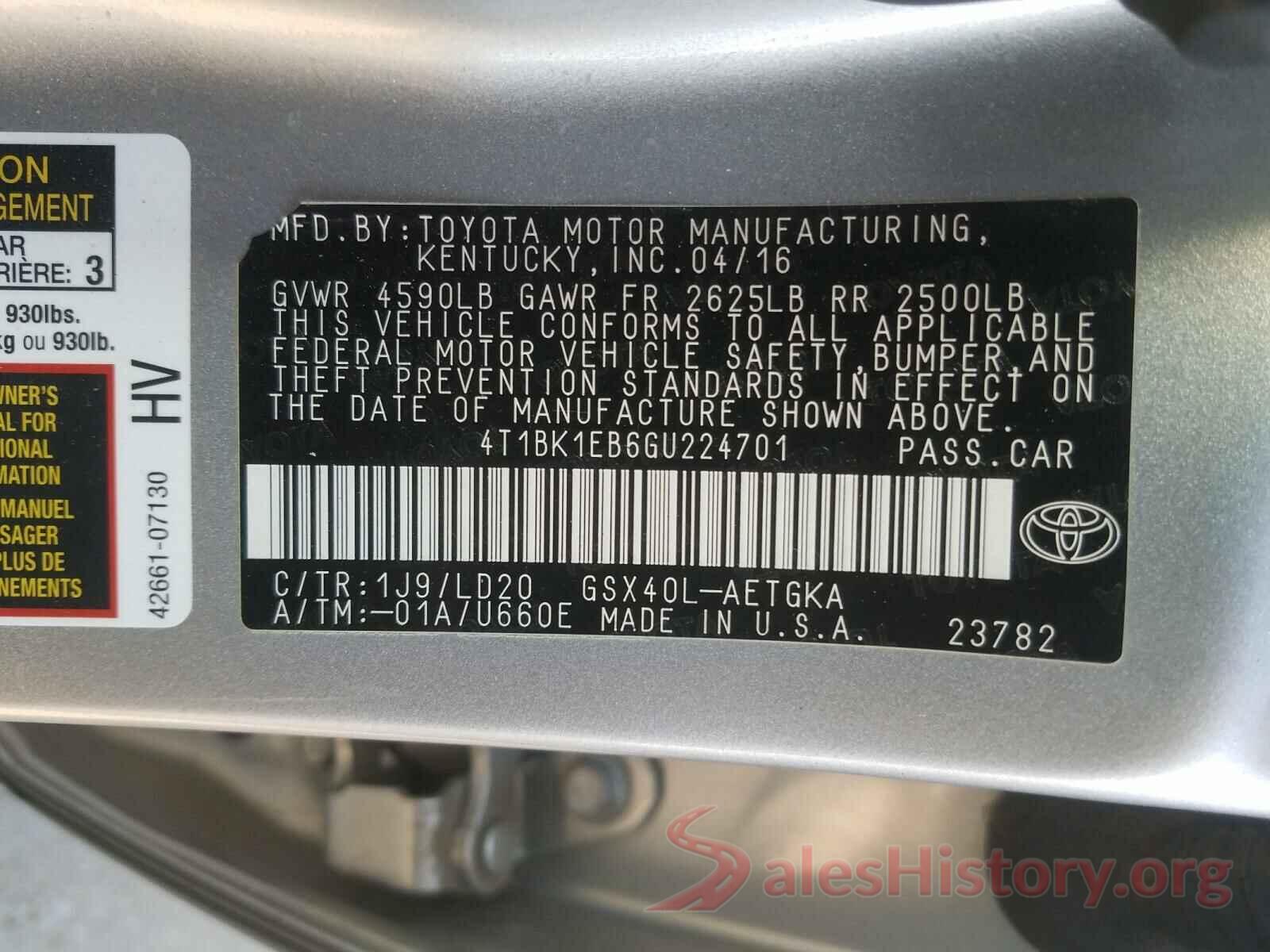 4T1BK1EB6GU224701 2016 TOYOTA AVALON