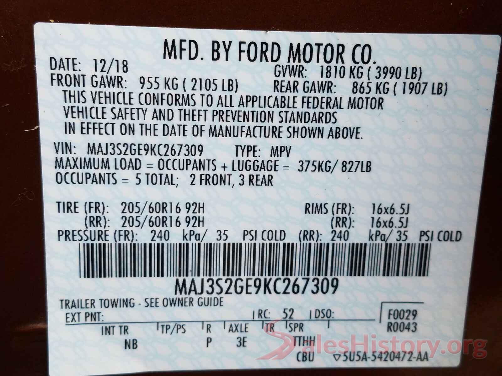 MAJ3S2GE9KC267309 2019 FORD ALL OTHER