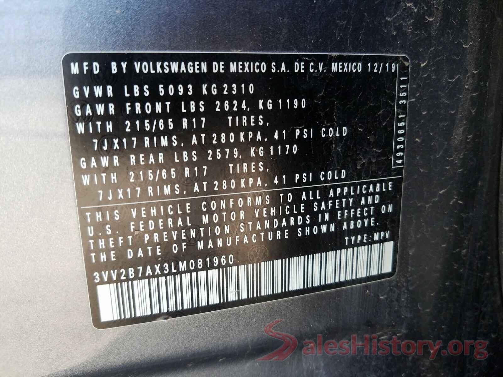 3VV2B7AX3LM081960 2020 VOLKSWAGEN TIGUAN