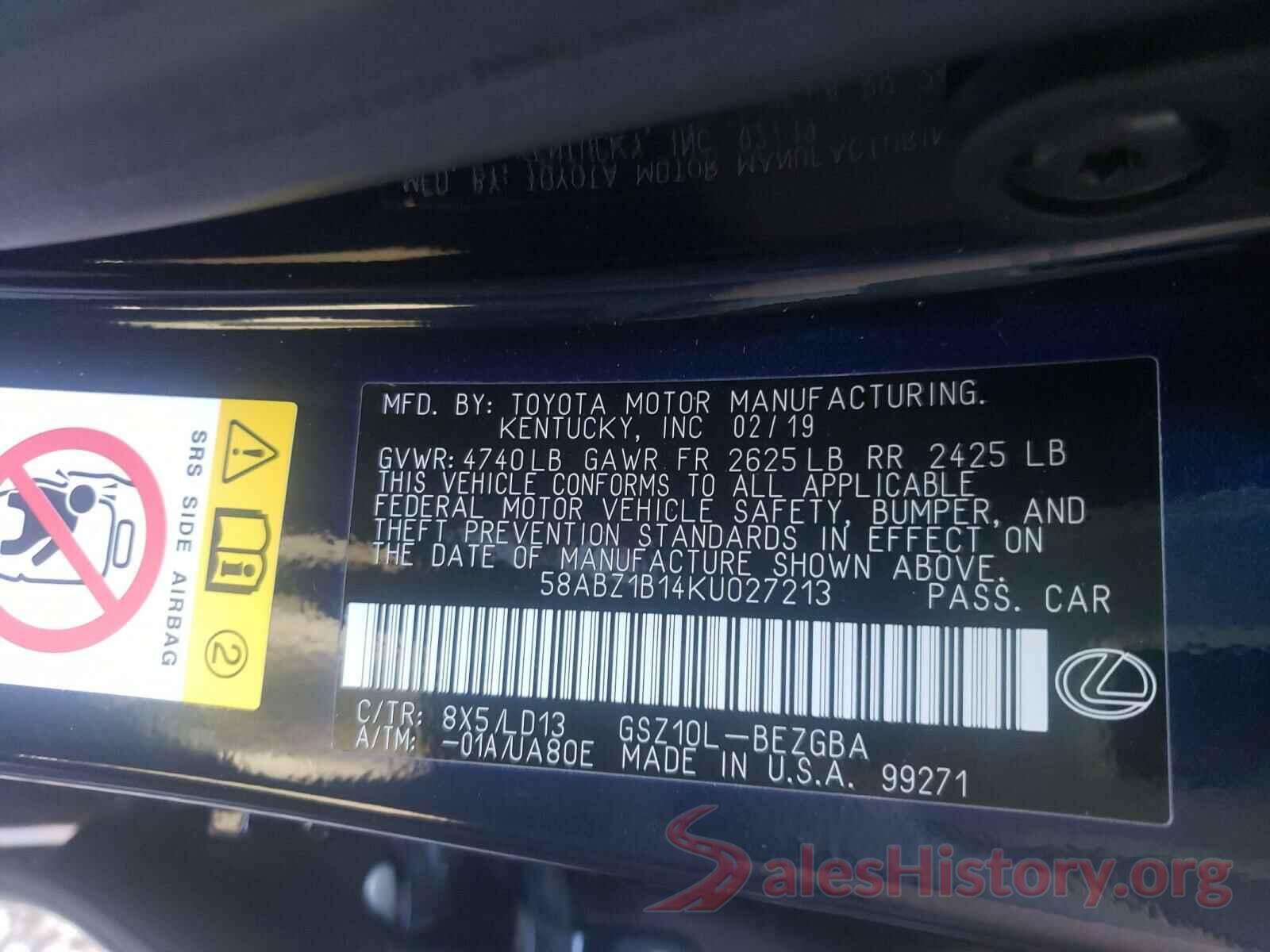 58ABZ1B14KU027213 2019 LEXUS ES350