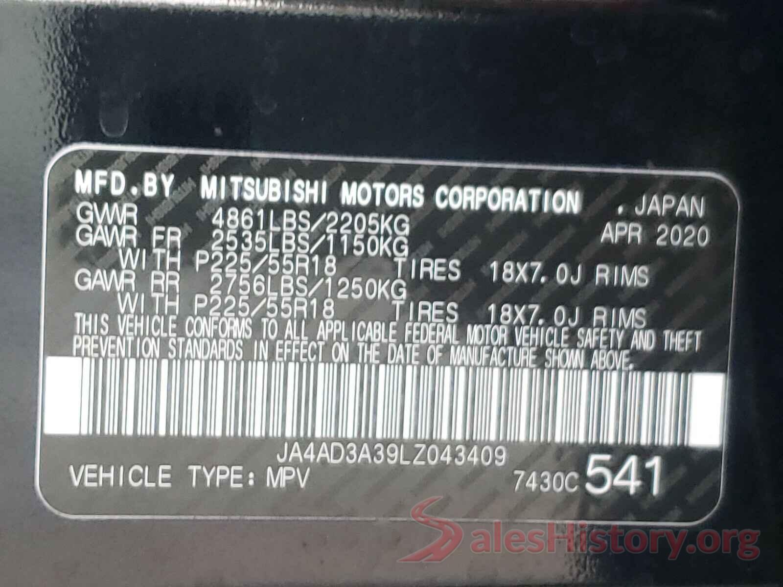 JA4AD3A39LZ043409 2020 MITSUBISHI OUTLANDER