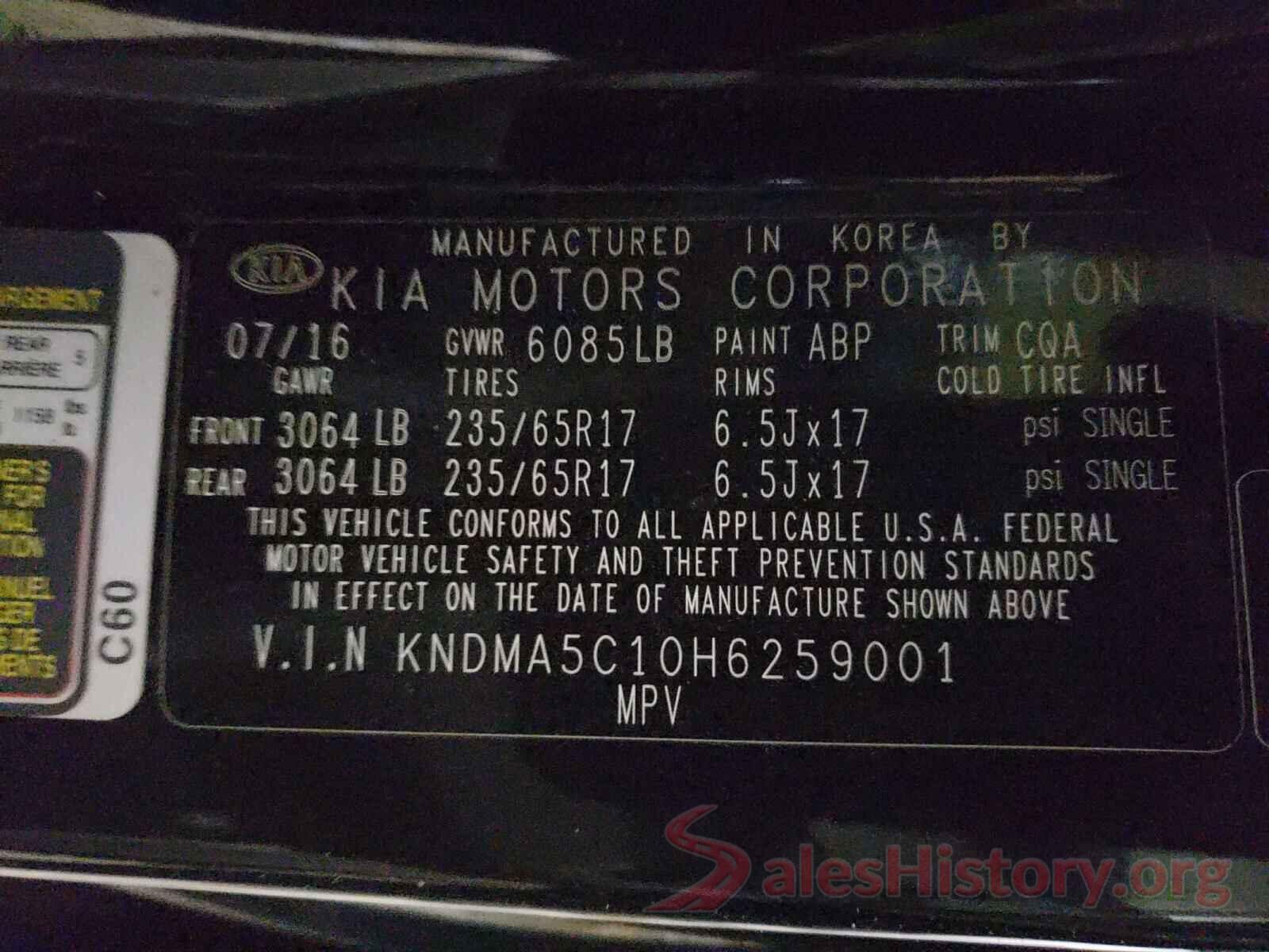 KNDMA5C10H6259001 2017 KIA SEDONA