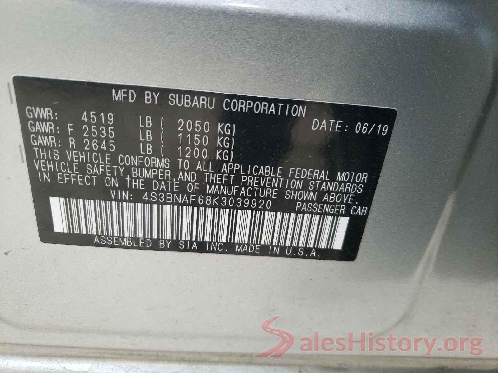 4S3BNAF68K3039920 2019 SUBARU LEGACY