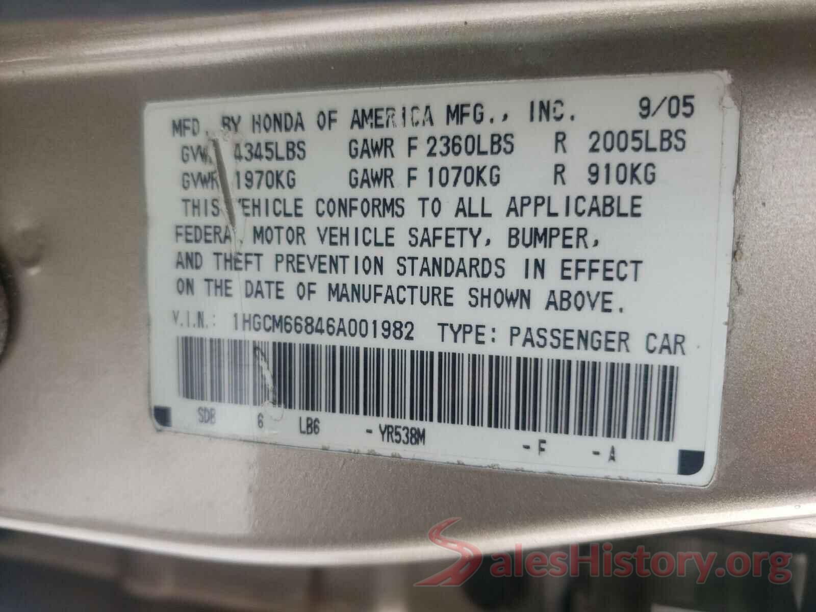 JTHBP1BL9GA000227 2006 HONDA ACCORD