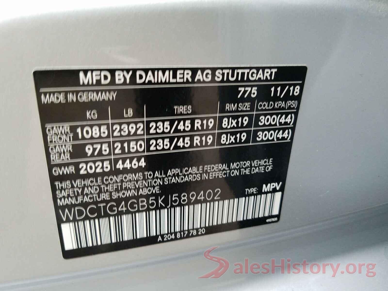 WDCTG4GB5KJ589402 2019 MERCEDES-BENZ G CLASS