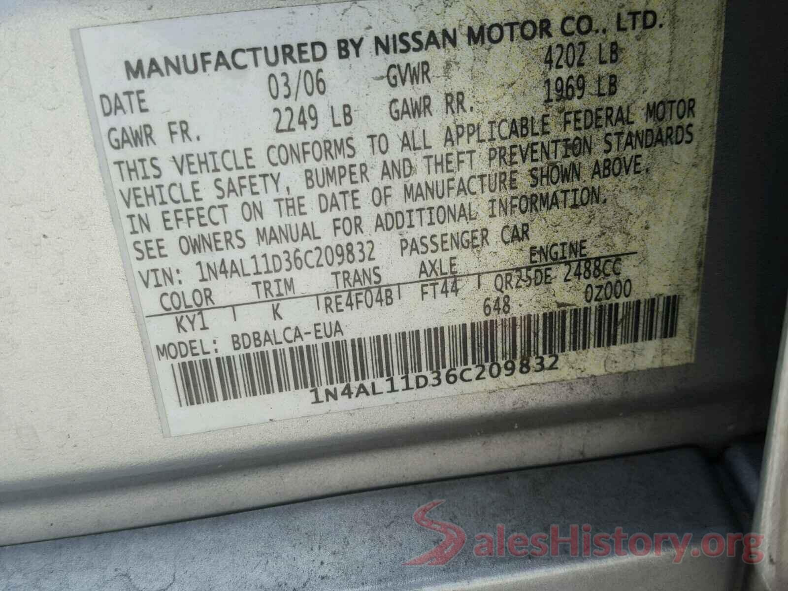 3MYDLBYV4HY164245 2006 NISSAN ALTIMA S