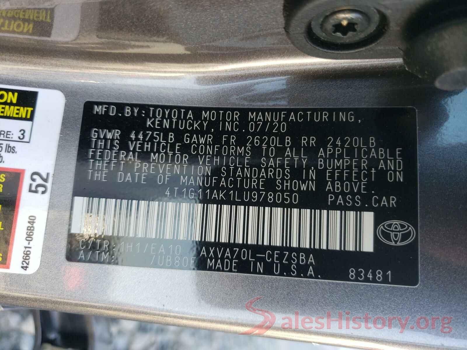 4T1G11AK1LU978050 2020 TOYOTA CAMRY