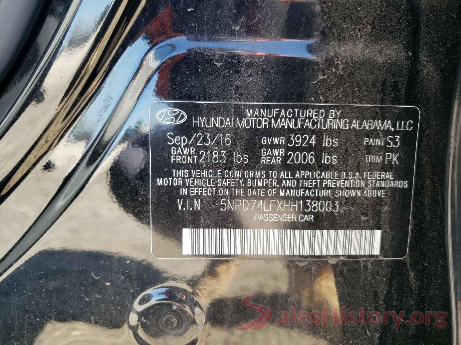 5NPD74LFXHH138003 2017 HYUNDAI ELANTRA