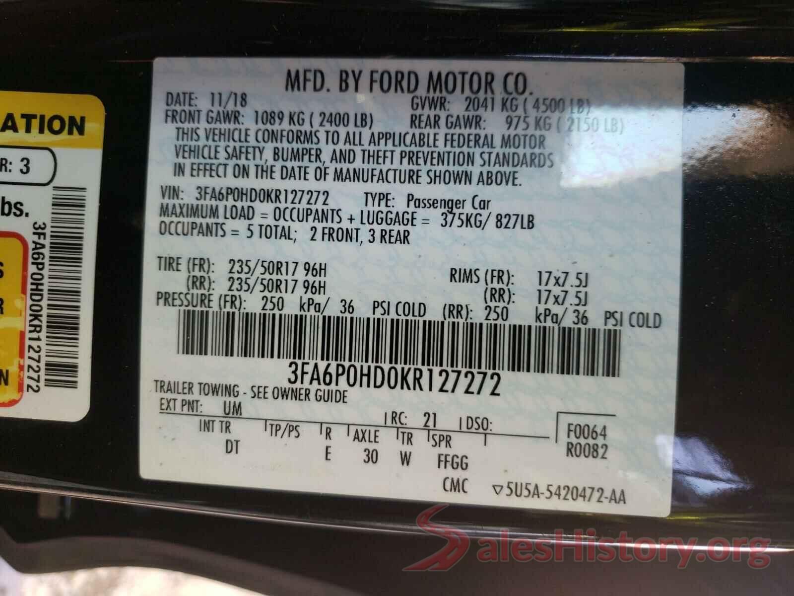 3FA6P0HD0KR127272 2019 FORD FUSION