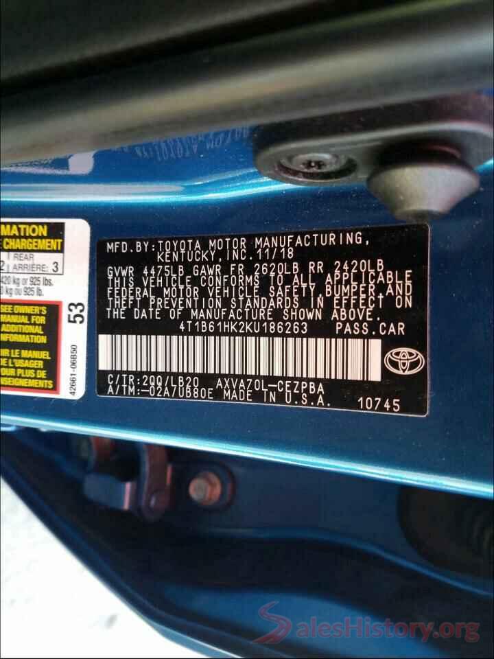 4T1B61HK2KU186263 2019 TOYOTA CAMRY