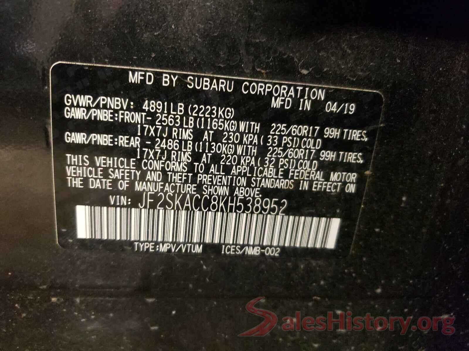 JF2SKACC8KH538952 2019 SUBARU FORESTER