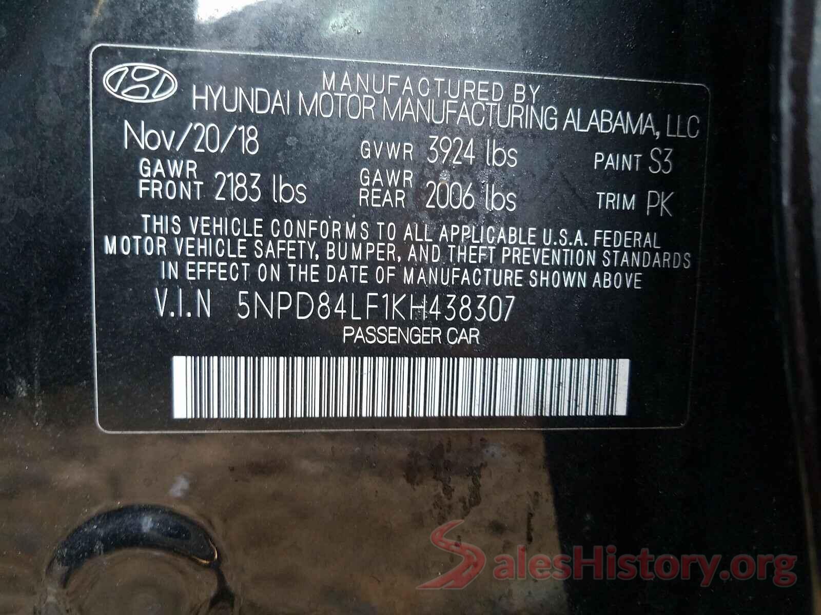 5NPD84LF1KH438307 2019 HYUNDAI ELANTRA