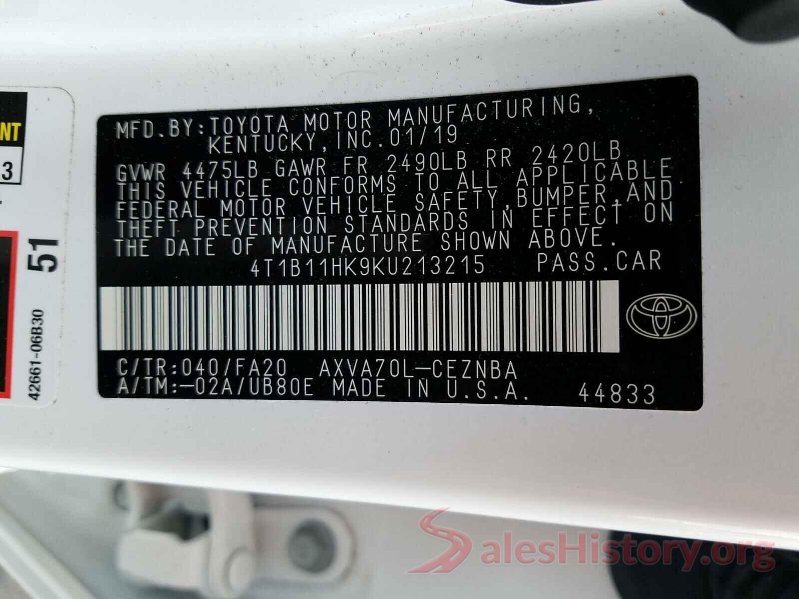 4T1B11HK9KU213215 2019 TOYOTA CAMRY