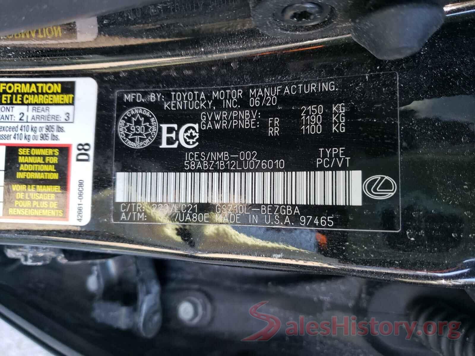 58ABZ1B12LU076010 2020 LEXUS ES350