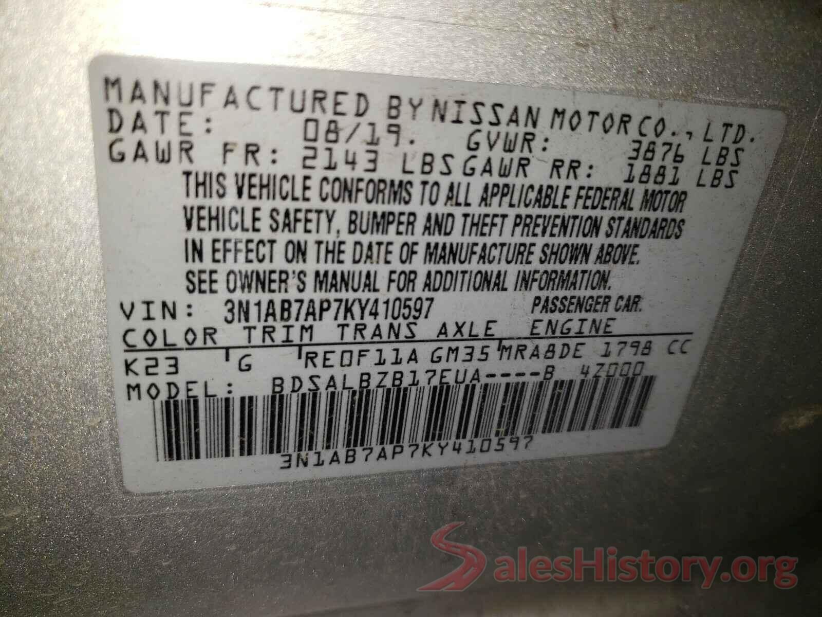 3N1AB7AP7KY410597 2019 NISSAN SENTRA