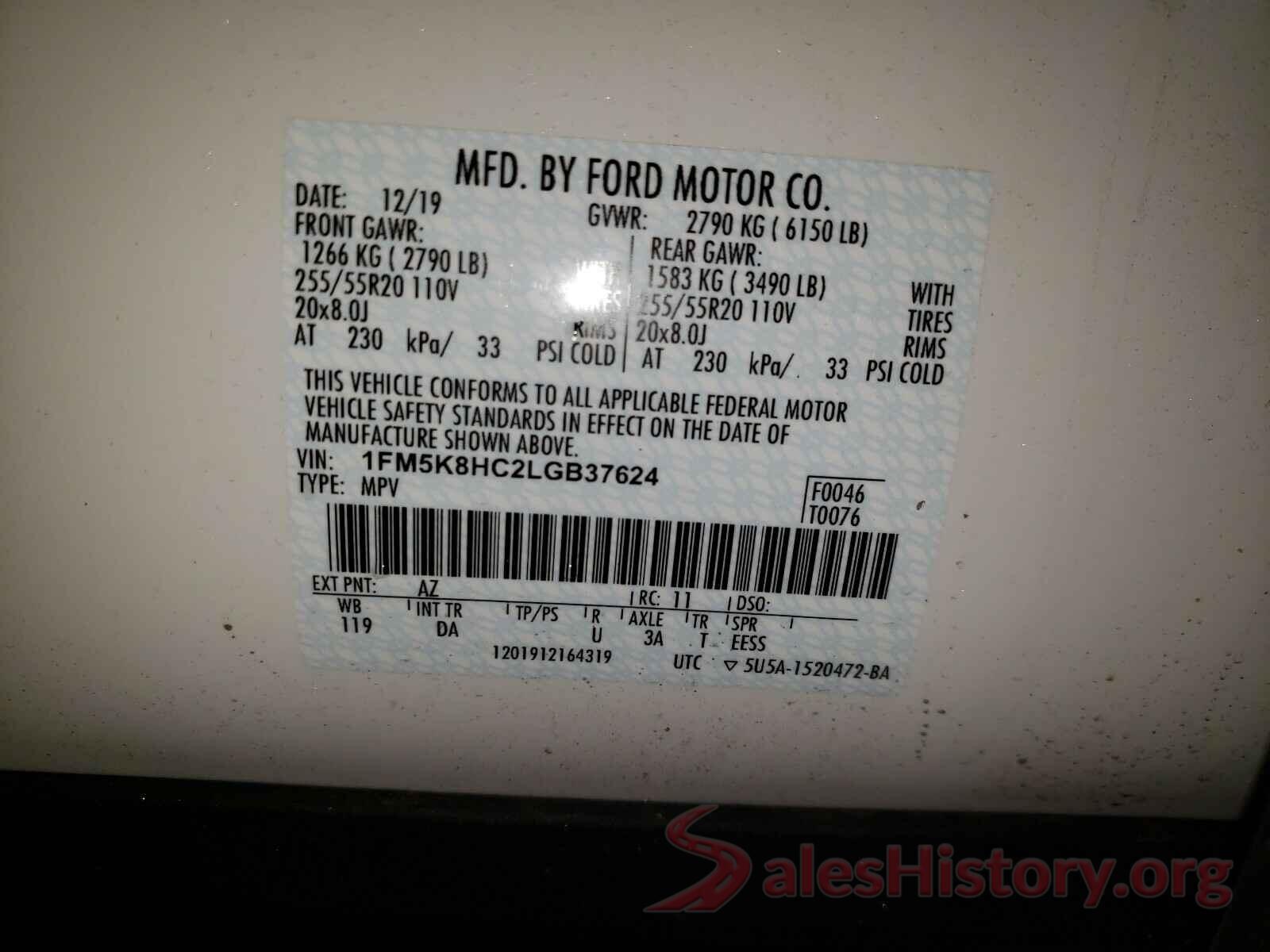 1FM5K8HC2LGB37624 2020 FORD EXPLORER