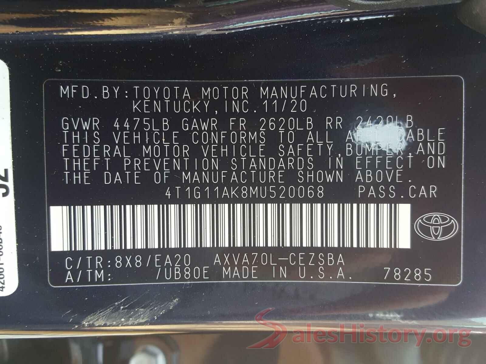 4T1G11AK8MU520068 2021 TOYOTA CAMRY