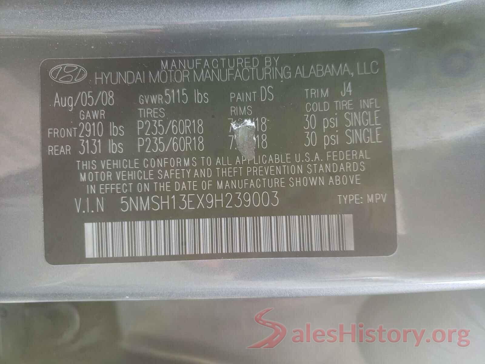 5TFRY5F10LX270760 2009 HYUNDAI SANTA FE