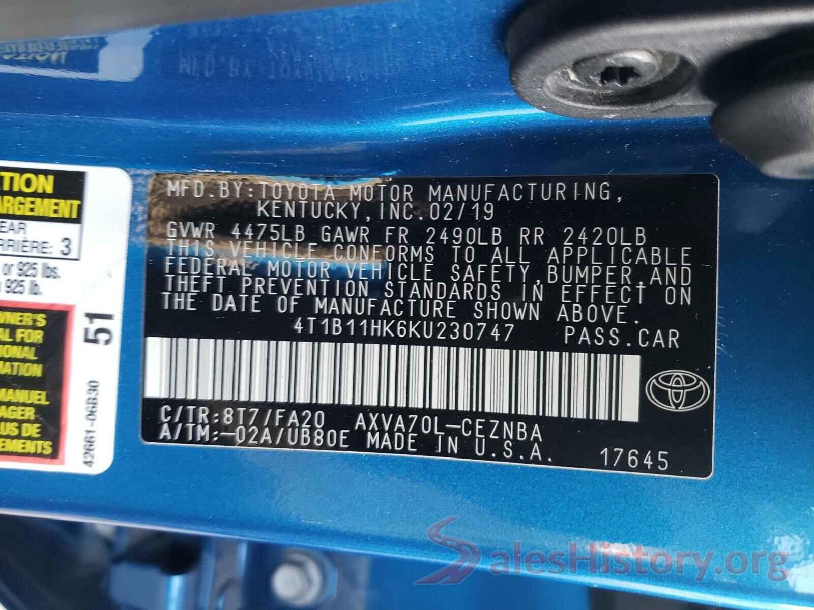 4T1B11HK6KU230747 2019 TOYOTA CAMRY