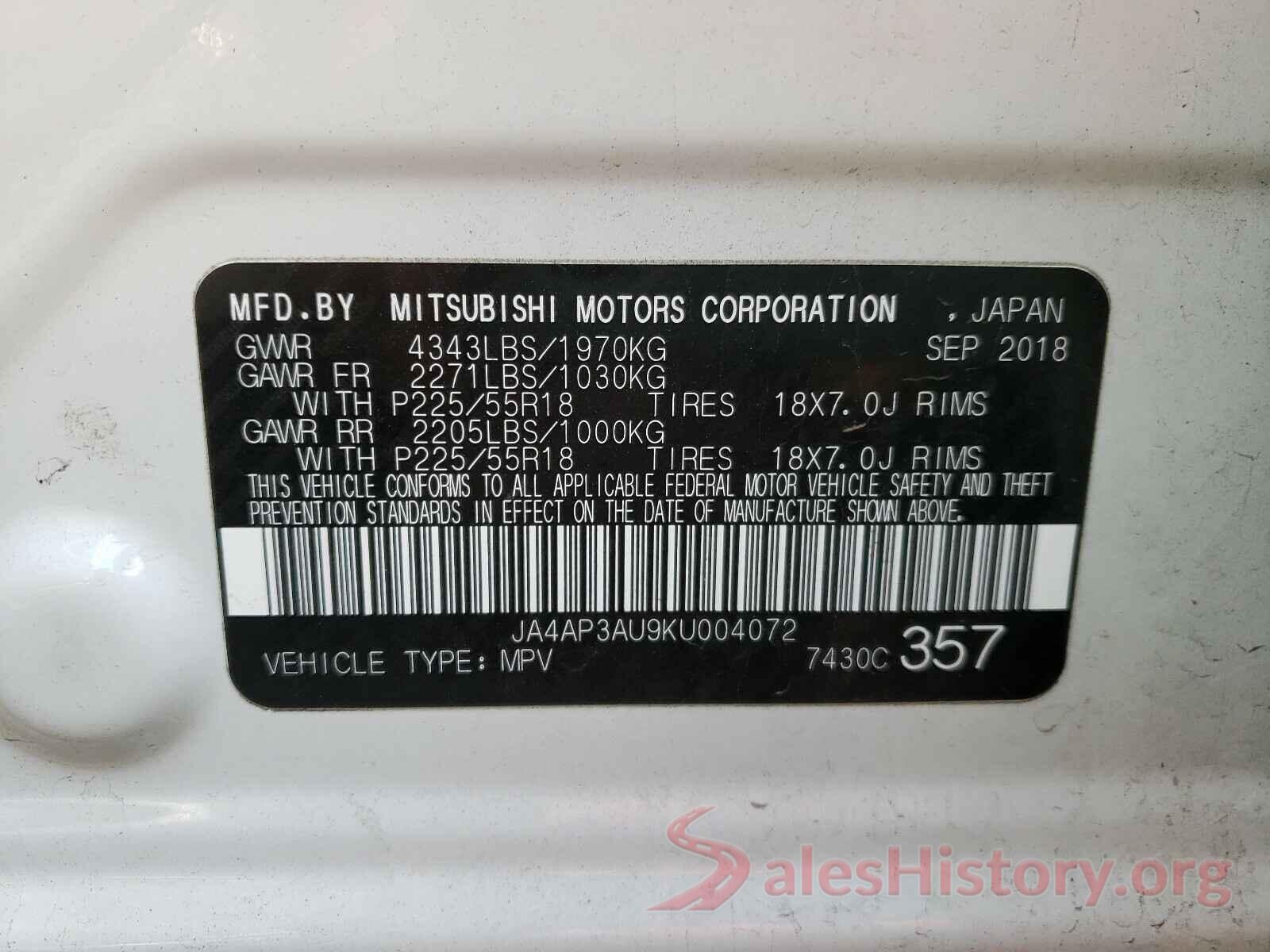 JA4AP3AU9KU004072 2019 MITSUBISHI OUTLANDER