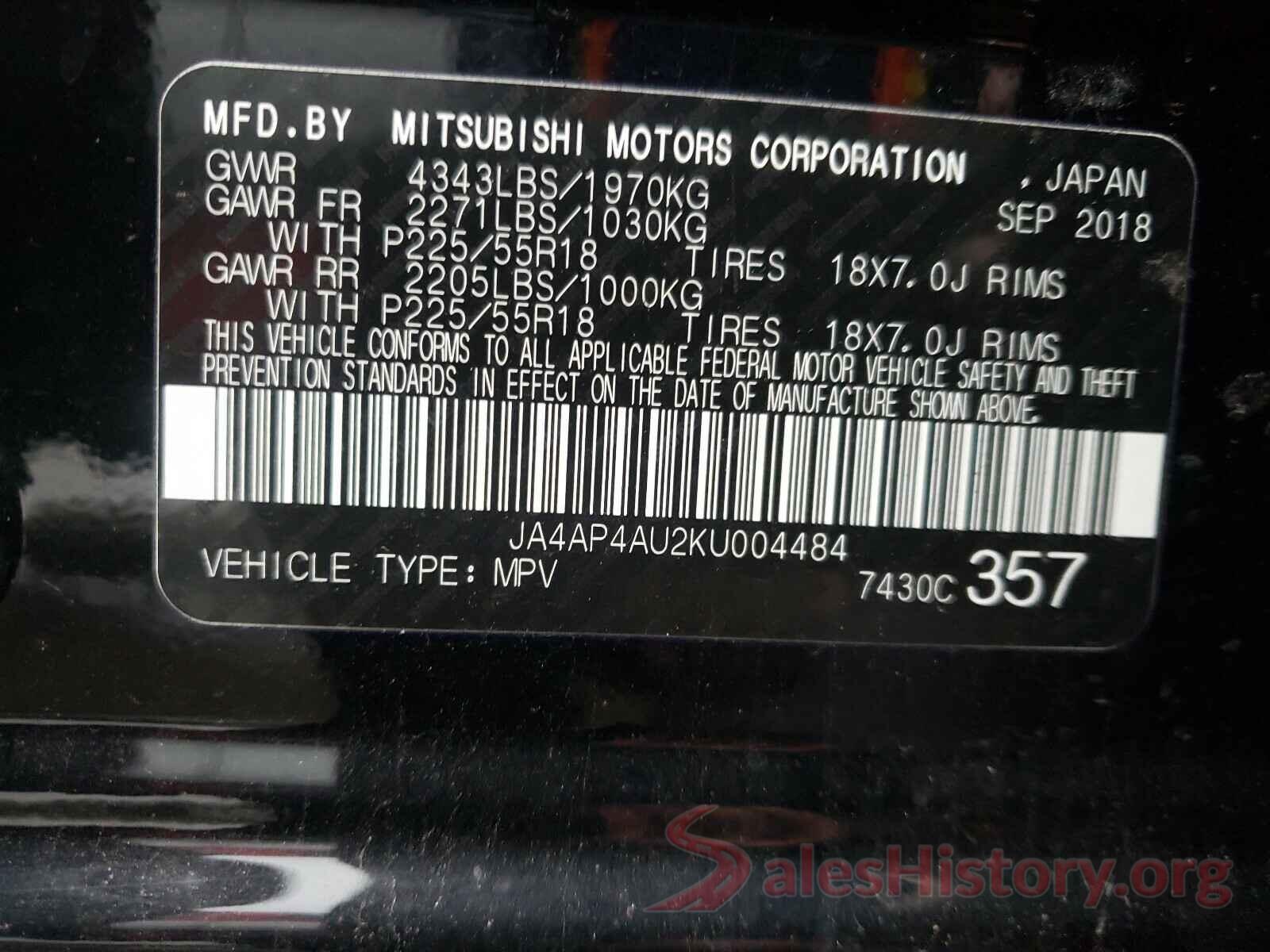 JA4AP4AU2KU004484 2019 MITSUBISHI OUTLANDER