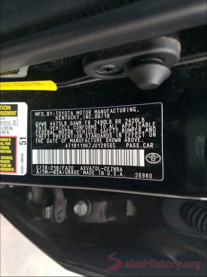 4T1B11HK7JU128565 2018 TOYOTA CAMRY