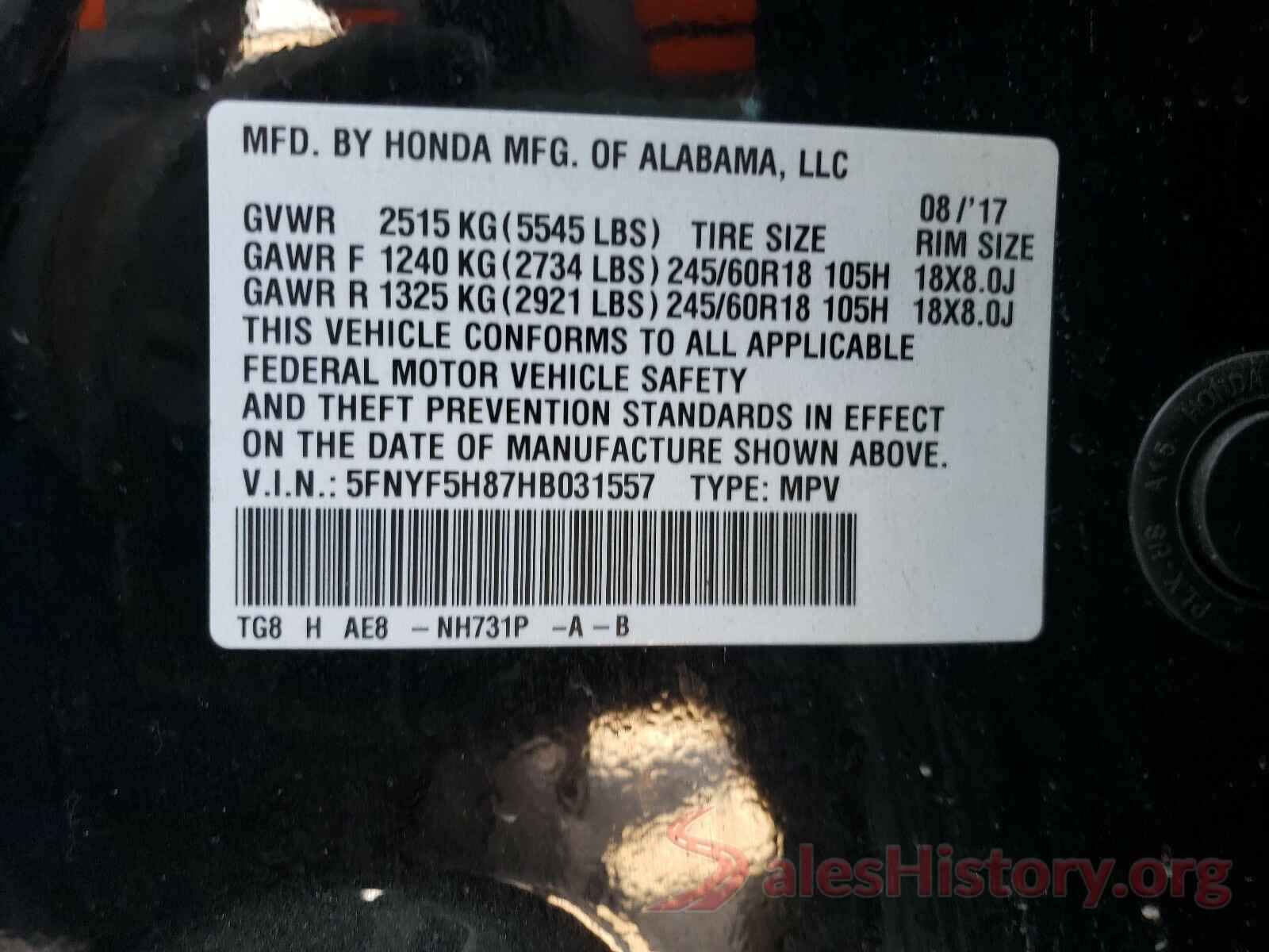 5FNYF5H87HB031557 2017 HONDA PILOT