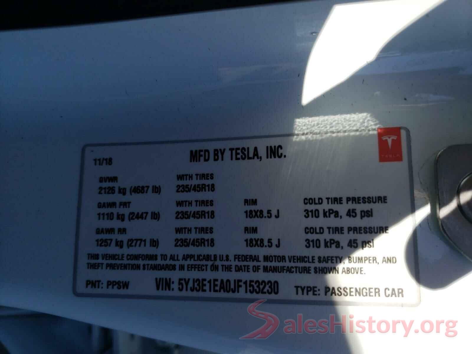 5YJ3E1EA0JF153230 2018 TESLA MODEL 3