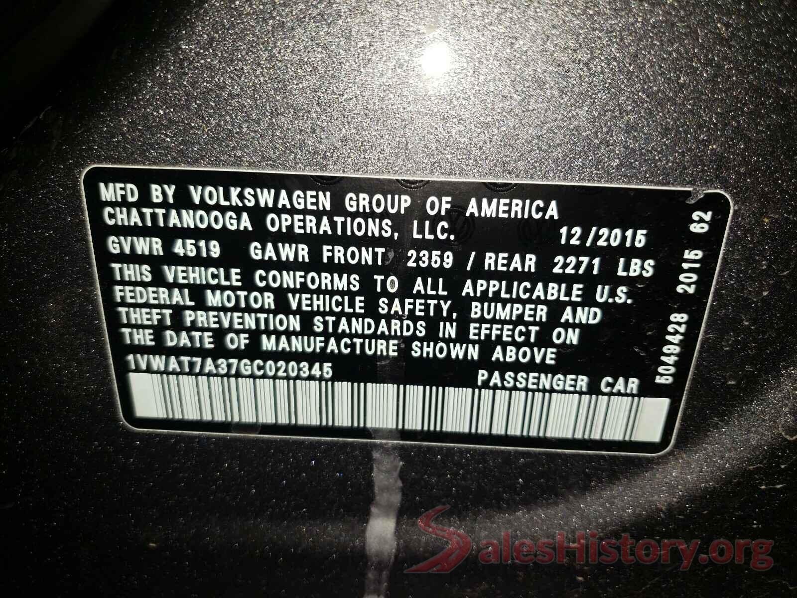 1VWAT7A37GC020345 2016 VOLKSWAGEN PASSAT