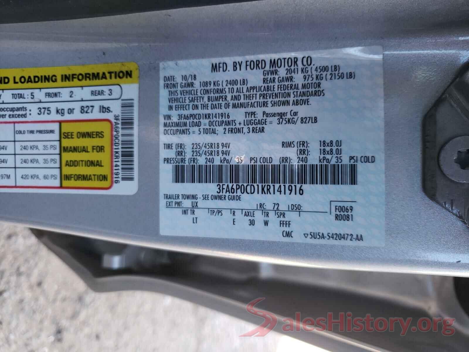 3FA6P0CD1KR141916 2019 FORD FUSION