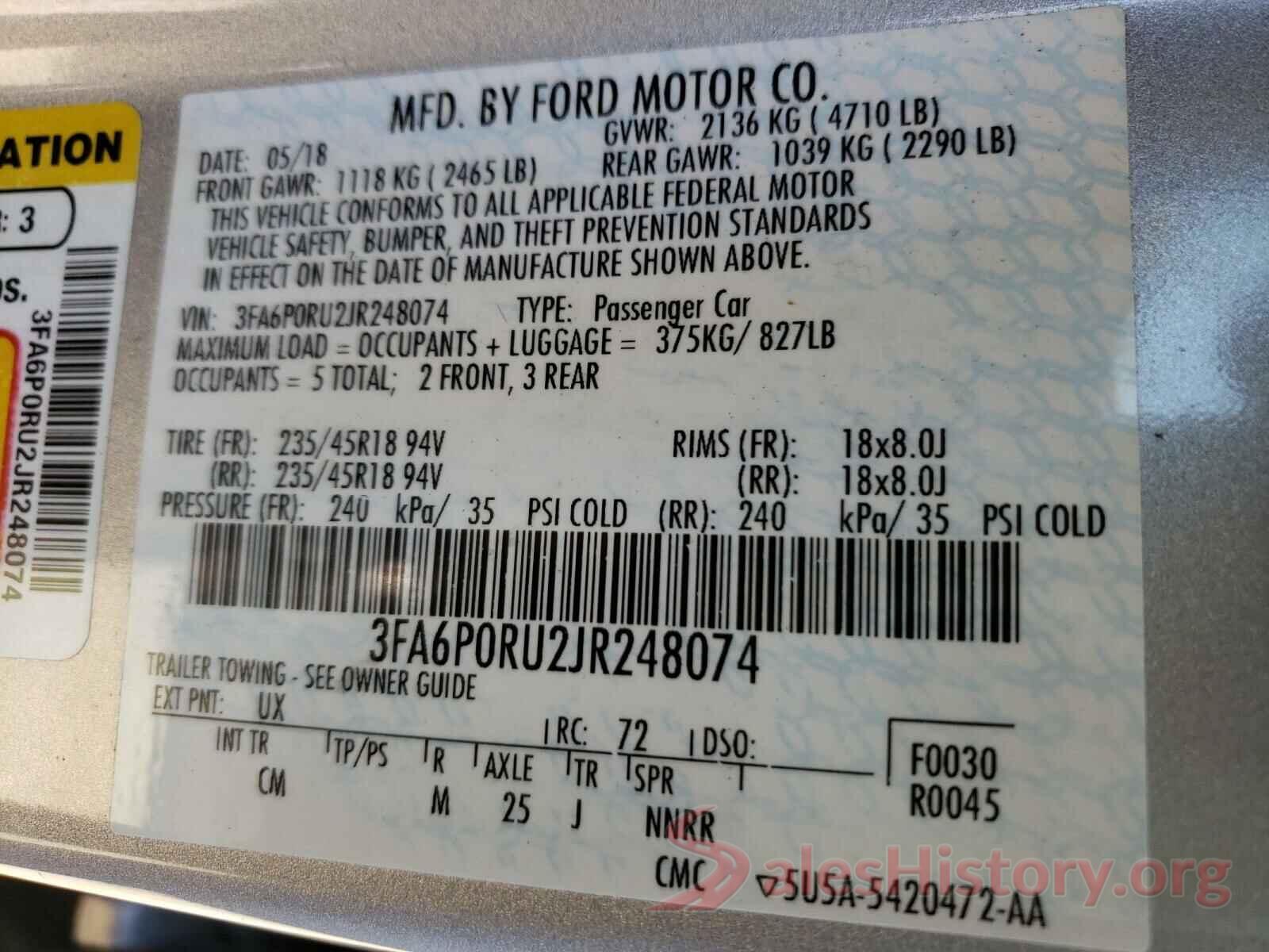 3FA6P0RU2JR248074 2018 FORD FUSION