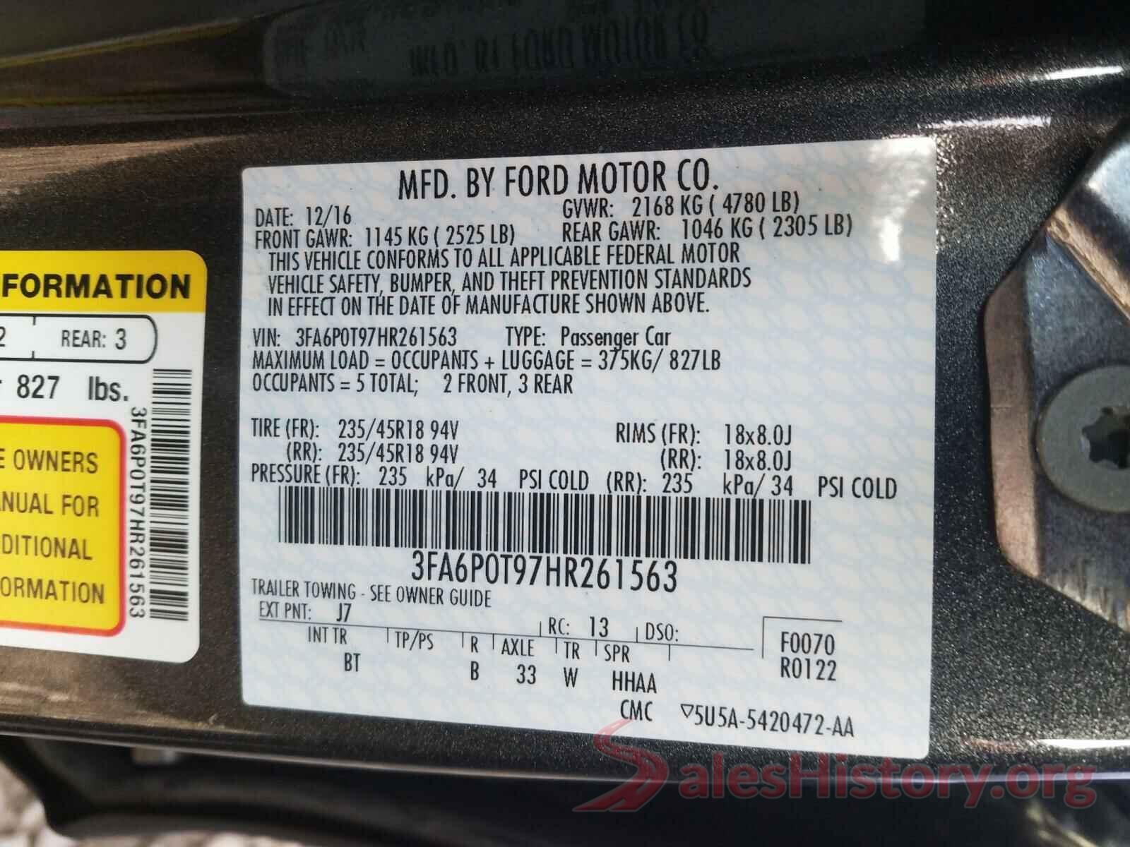 3FA6P0T97HR261563 2017 FORD FUSION