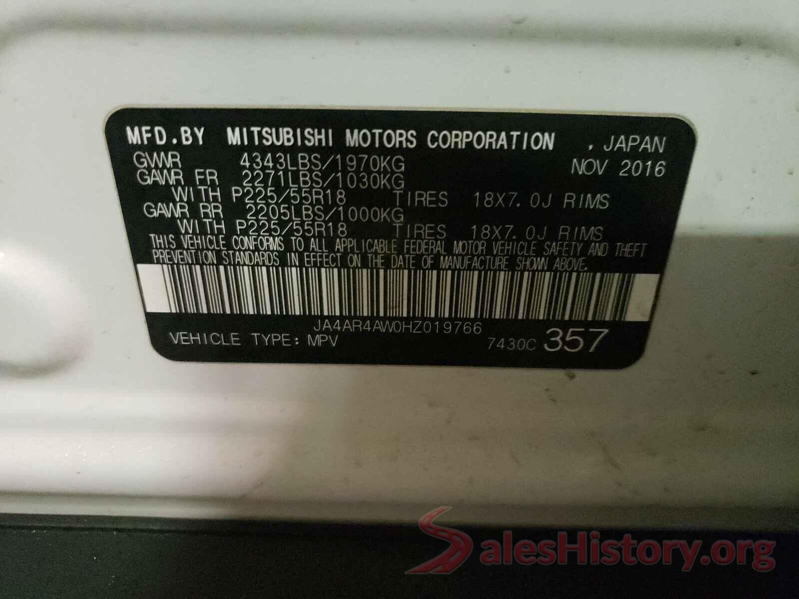 JA4AR4AW0HZ019766 2017 MITSUBISHI OUTLANDER