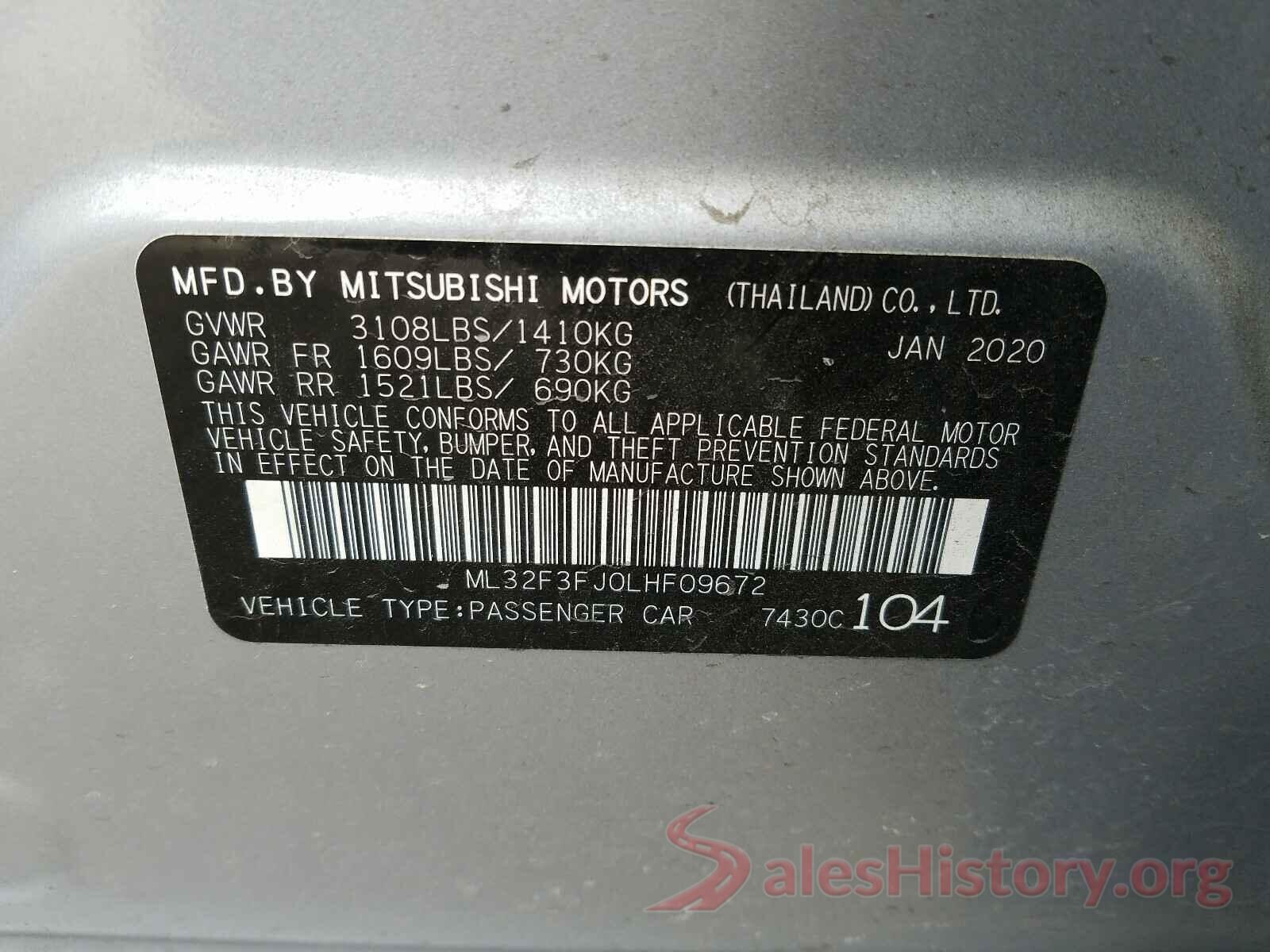 ML32F3FJ0LHF09672 2020 MITSUBISHI MIRAGE