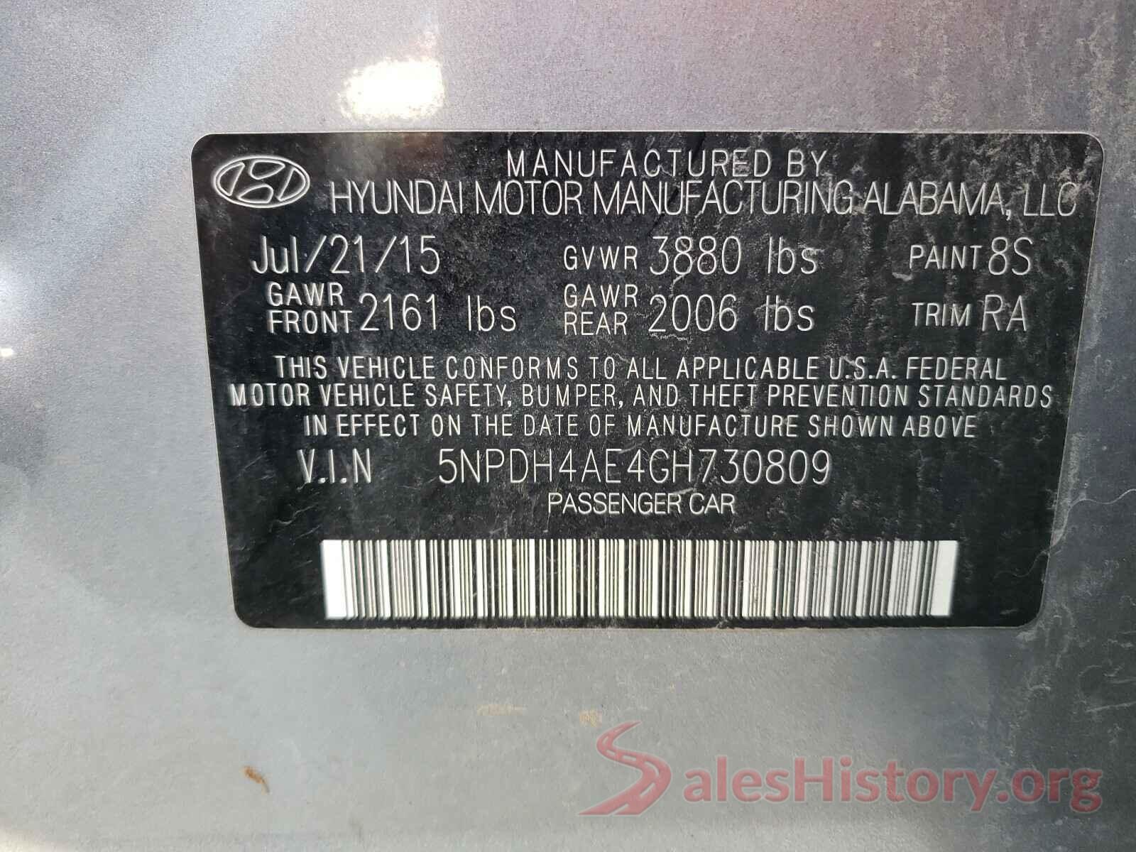 5NPDH4AE4GH730809 2016 HYUNDAI ELANTRA