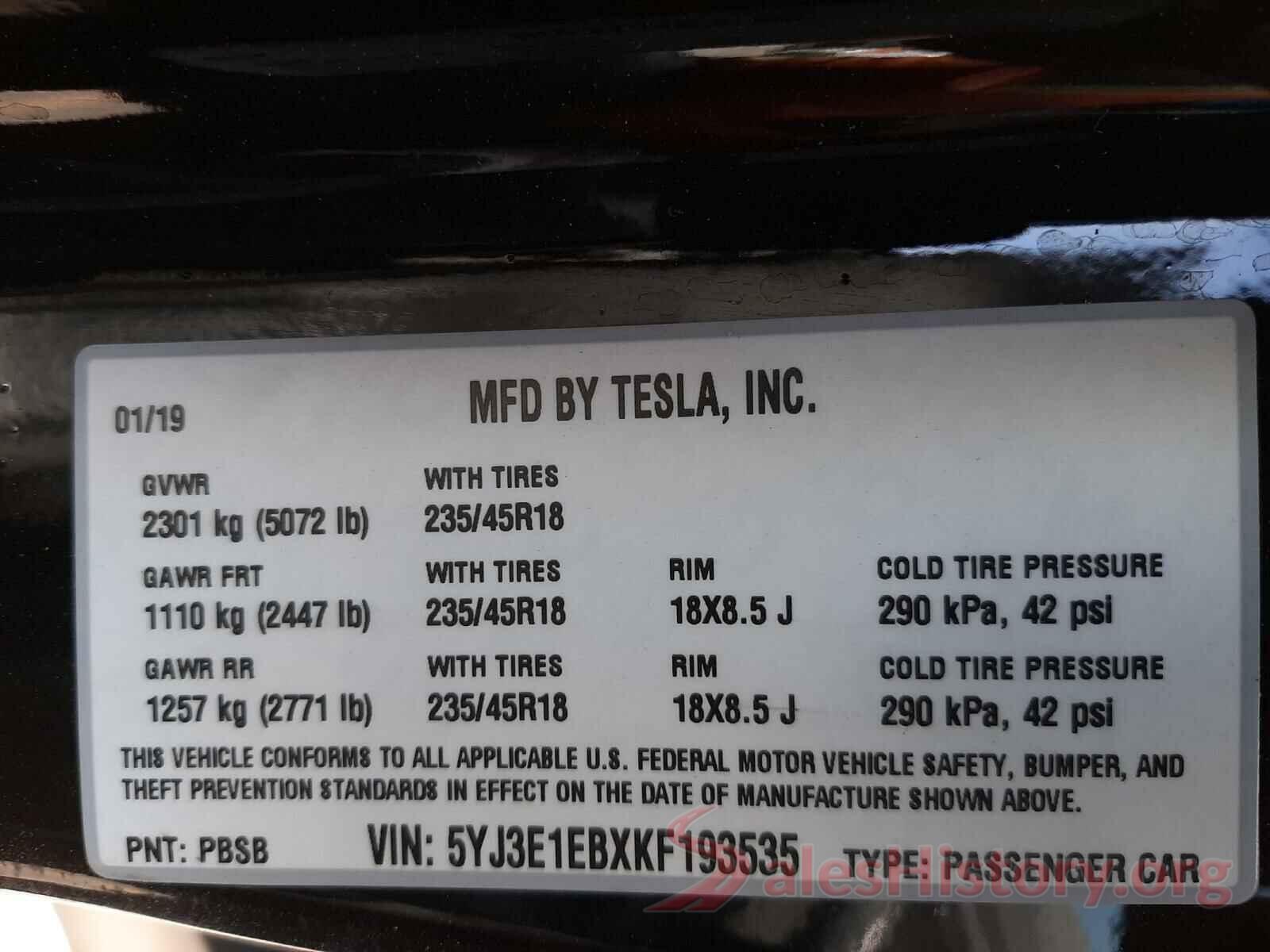 5YJ3E1EBXKF193535 2019 TESLA MODEL 3