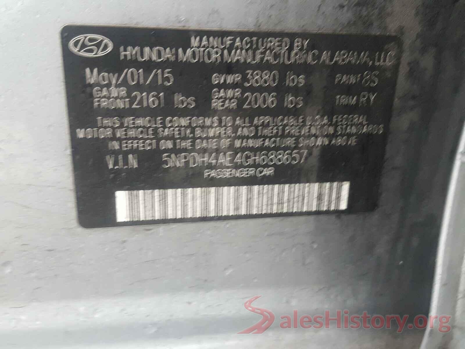 5NPDH4AE4GH688657 2016 HYUNDAI ELANTRA