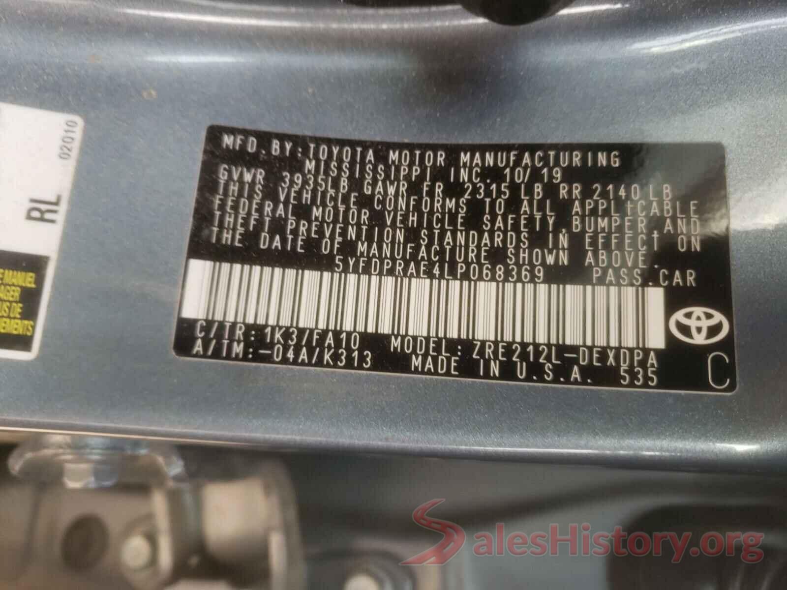 5YFDPRAE4LP068369 2020 TOYOTA COROLLA